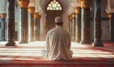 Buy stock photo Faith, mosque and back of man with praying on floor for islamic worship, religion and support in salah. Allah, muslim and person in religious building with peace for spiritual healing, praise and dua