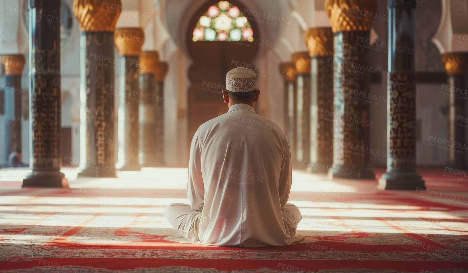 Buy stock photo Faith, mosque and back of man with praying on floor for islamic worship, religion and support in salah. Allah, muslim and person in religious building with peace for spiritual healing, praise and dua