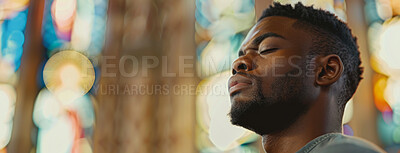 Buy stock photo Face, black man and church with eyes closed as Christian for salvation, hope and worship with faith. Religion, praying and respect with praise for guidance, protection and spirituality for healing