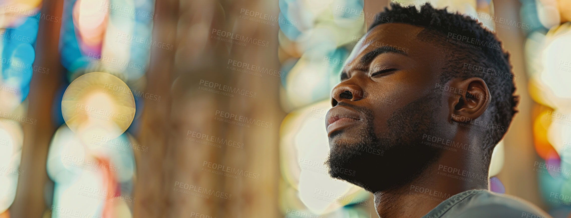 Buy stock photo Face, black man and church with eyes closed as Christian for salvation, hope and worship with faith. Religion, praying and respect with praise for guidance, protection and spirituality for healing