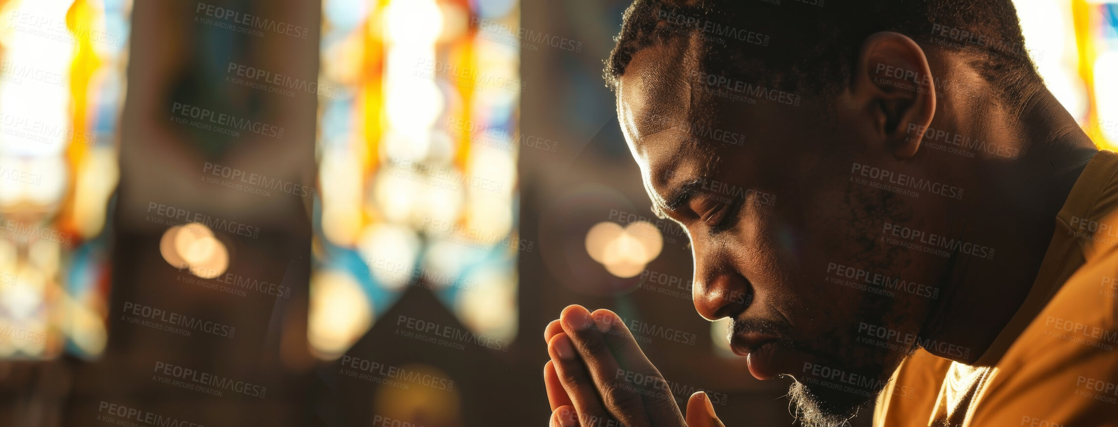 Buy stock photo Man, prayer and faith for religion, church or cathedral for hope or spirituality. African person, hands and worship for gratitude, forgiveness or holy gospel for God or Jesus Christ with Christianity