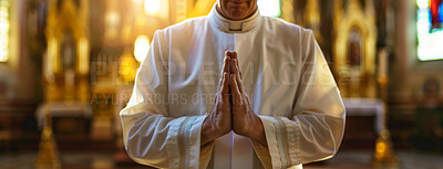 Buy stock photo Hands, bishop and man in church with praying as Christian for salvation, hope and worship with faith. Religion, healing and respect with praise for guidance, protection and spirituality with trust