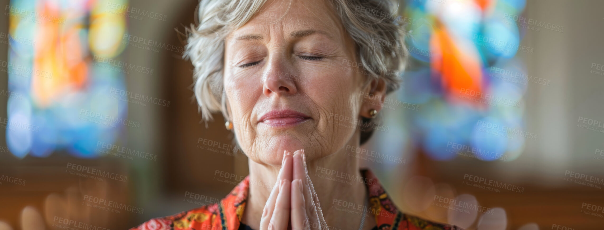 Buy stock photo Pray, hands and mature woman in church for worship, spiritual faith or praise to God. Banner, bokeh and christian female person for religion congregation, forgiveness or mindfulness in cathedral