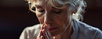 Praying, hands and senior woman in church for worship, spiritual faith or praise to God. Banner, trust and christian elderly person for religion congregation, forgiveness or mindfulness in cathedral 