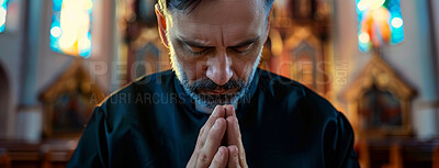 Buy stock photo Praying, hands and mature man in church for worship, spiritual faith or praise to God. Banner, trust and christian priest person for religion congregation, forgiveness or mindfulness in cathedral 