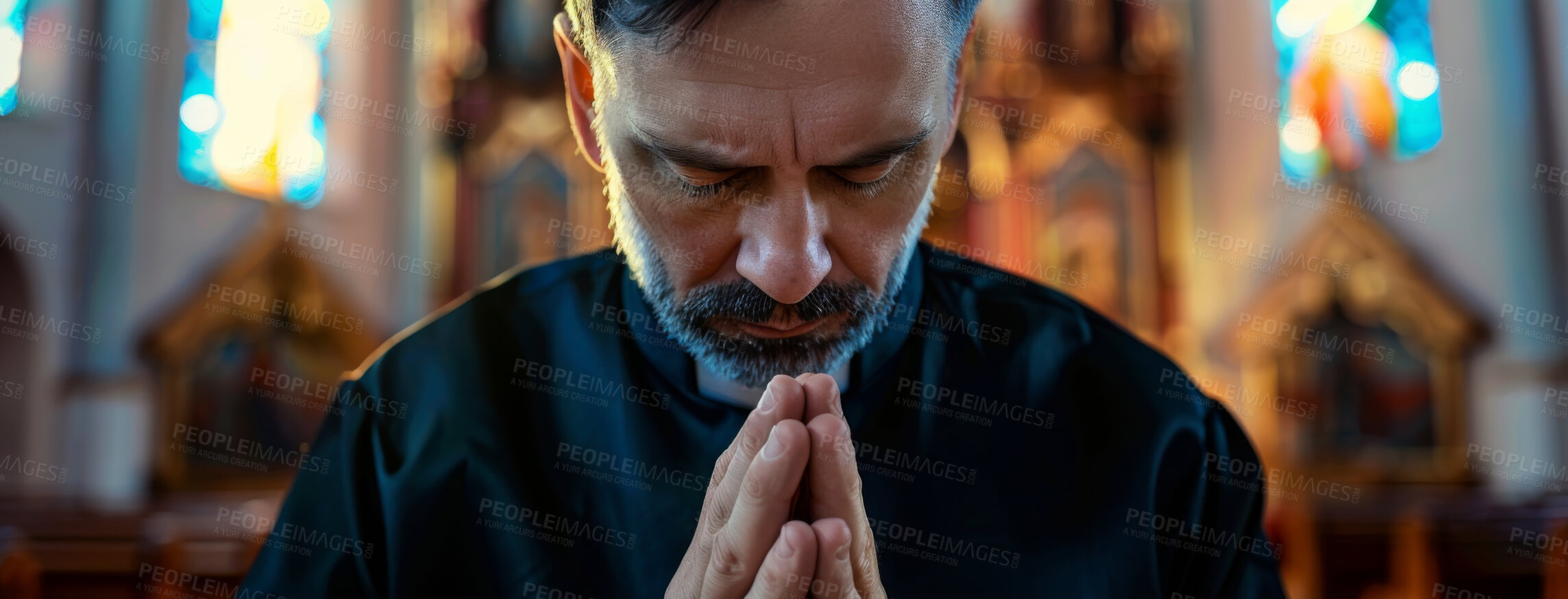 Buy stock photo Praying, hands and mature man in church for worship, spiritual faith or praise to God. Banner, trust and christian priest person for religion congregation, forgiveness or mindfulness in cathedral 