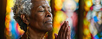 Woman, pray and hands in church with eyes closed, Sunday service and Christian believer in prayer to God. Jesus, worship and gratitude or repentance for faith belief, spirituality and healing