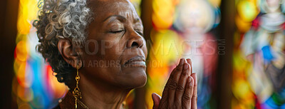 Buy stock photo Black woman, pray and hands in church with eyes closed, Sunday service and Christian believer in prayer to God. Jesus, worship and gratitude or repentance for faith belief, spirituality and healing