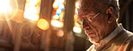 Church, senior man and praying with religion, hope and spiritual with gratitude, Christian and forgiveness. Lens flare, healing for soul and elderly guy in temple, peace and spiritual with thank you