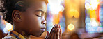 Boy, prayer and faith for religion, church or cathedral for hope or spirituality. African child, hands and worship for gratitude, forgiveness and holy gospel for God or Jesus Christ with Christianity