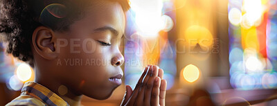 Buy stock photo Boy, prayer and faith for religion, church or cathedral for hope or spirituality. African child, hands and worship for gratitude, forgiveness and holy gospel for God or Jesus Christ with Christianity