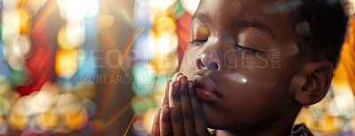 Buy stock photo African child, prayer and faith for religion, church or cathedral for hope or spirituality. Kid, hands and worship for gratitude, forgiveness and holy gospel for God or Jesus Christ with Christianity