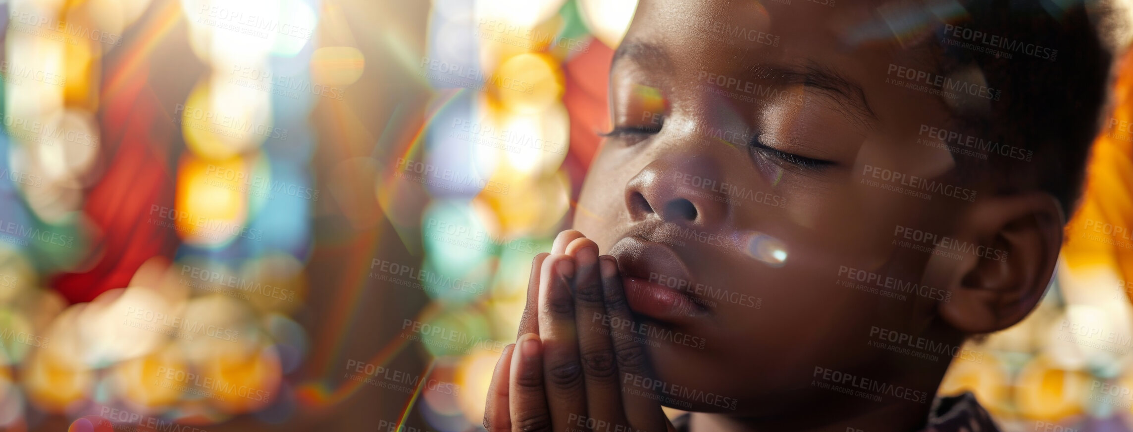 Buy stock photo African child, prayer and faith for religion, church or cathedral for hope or spirituality. Kid, hands and worship for gratitude, forgiveness and holy gospel for God or Jesus Christ with Christianity