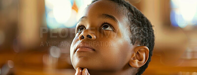 Buy stock photo African boy, prayer and faith for religion, church or cathedral for hope or spirituality. Child, hands and worship for gratitude, forgiveness and holy gospel for God or Jesus Christ with Christianity