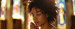 Woman, prayer and faith for religion, church or cathedral for hope or spirituality. African girl, hands or worship for gratitude, forgiveness and holy gospel for God or Jesus Christ with Christianity