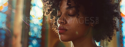 Buy stock photo African woman, prayer and faith for religion, church or cathedral for hope or spirituality. Girl, hands or worship for gratitude, forgiveness and holy gospel for God or Jesus Christ with Christianity