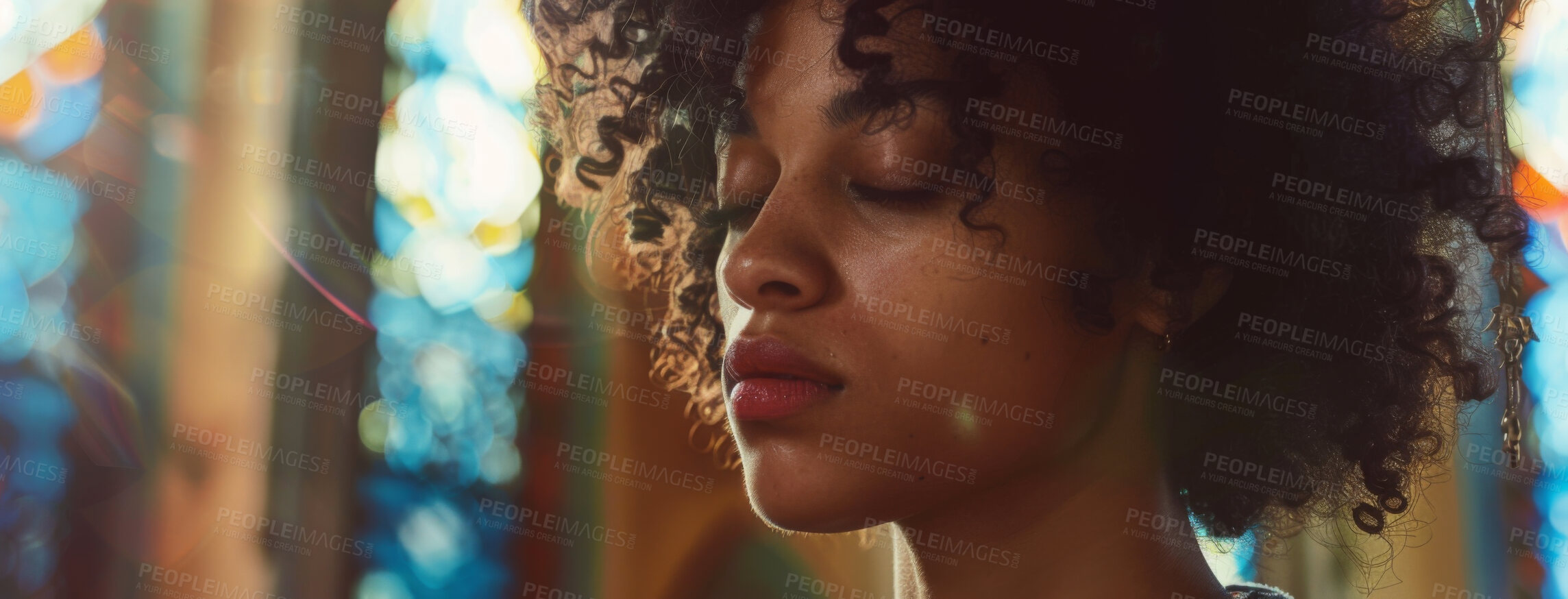 Buy stock photo African woman, prayer and faith for religion, church or cathedral for hope or spirituality. Girl, hands or worship for gratitude, forgiveness and holy gospel for God or Jesus Christ with Christianity