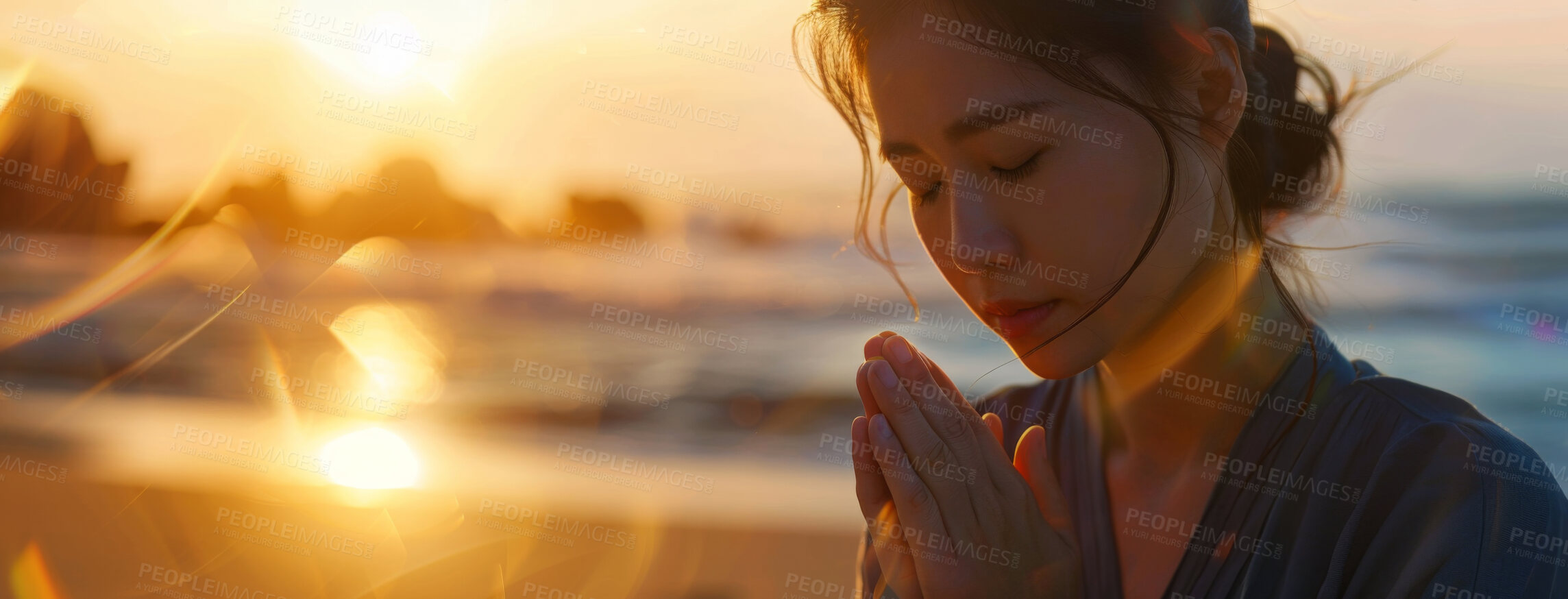 Buy stock photo Woman, peace and ocean with prayer at sunset for spiritual, worship in nature for meditation. Female Asian person, calm and beach with hands for God or hope in banner, faith and trust or mindfulness