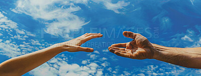 Buy stock photo Clouds, blue sky and hands for help with support, religion and love from God for faith. Banner, empathy and palms for connection, trust together and guidance with peace, freedom and heaven for hope