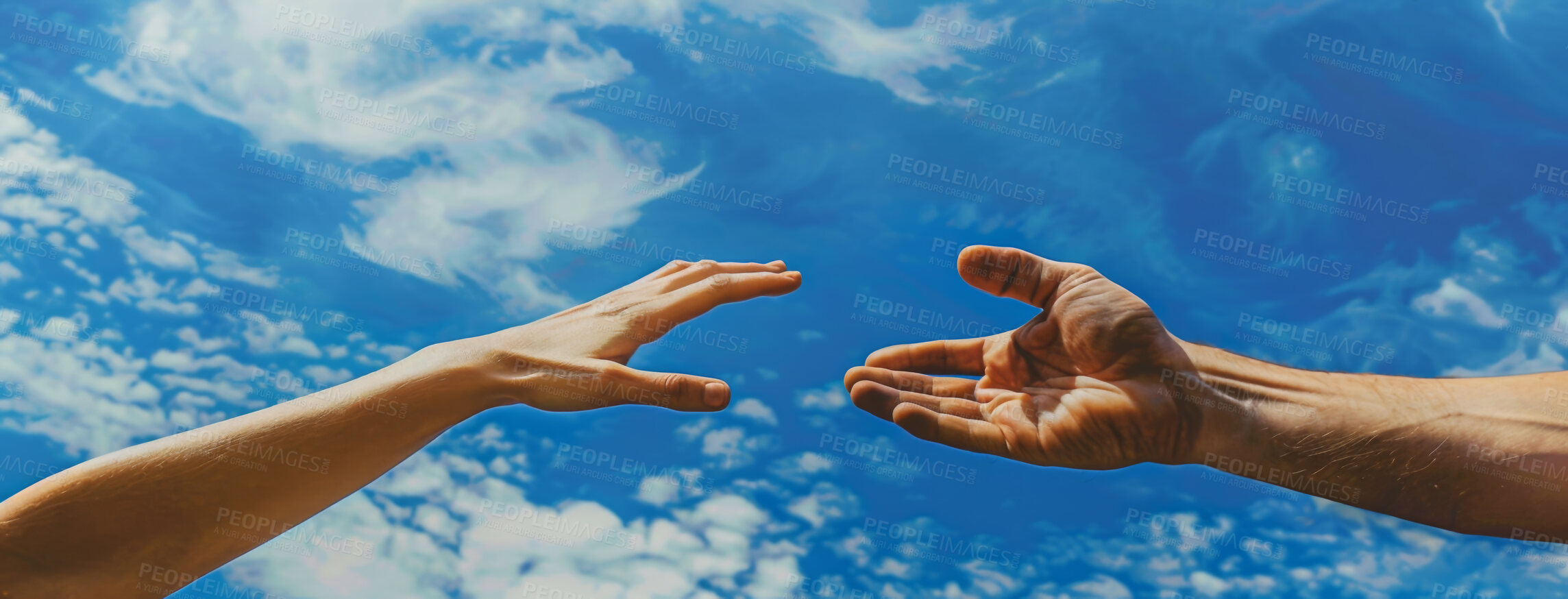 Buy stock photo Clouds, blue sky and hands for help with support, religion and love from God for faith. Banner, empathy and palms for connection, trust together and guidance with peace, freedom and heaven for hope