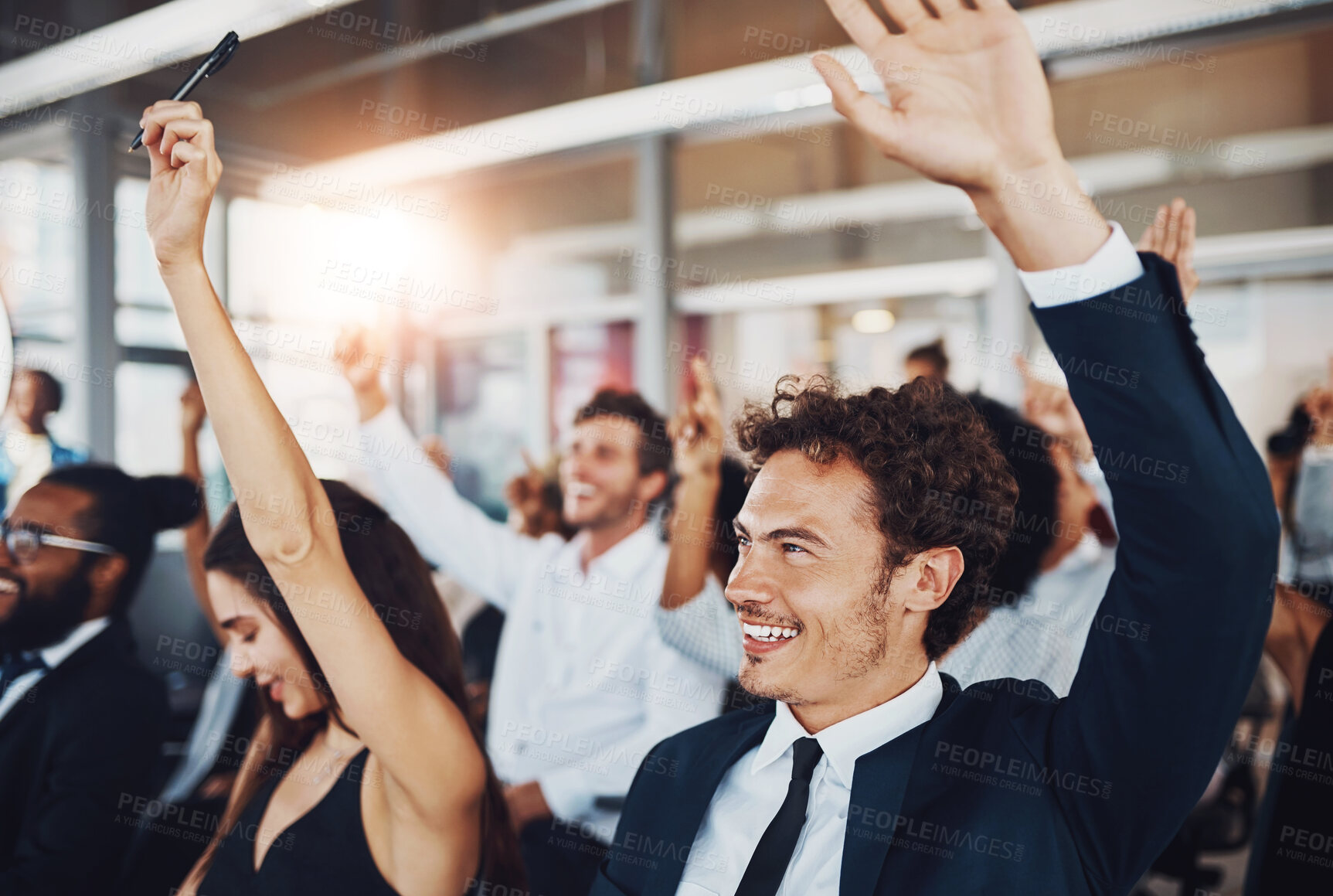 Buy stock photo Happy, business people and seminar with question for meeting, interaction or engagement at office. Young group or team of employees with hand raised or smile for collaboration, answer or conference