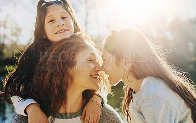 Buy stock photo Love, nose and smile of mother with children outdoor in nature for bonding or playful development. Family, growth or piggyback in summer with woman and daughter siblings in park together for fun