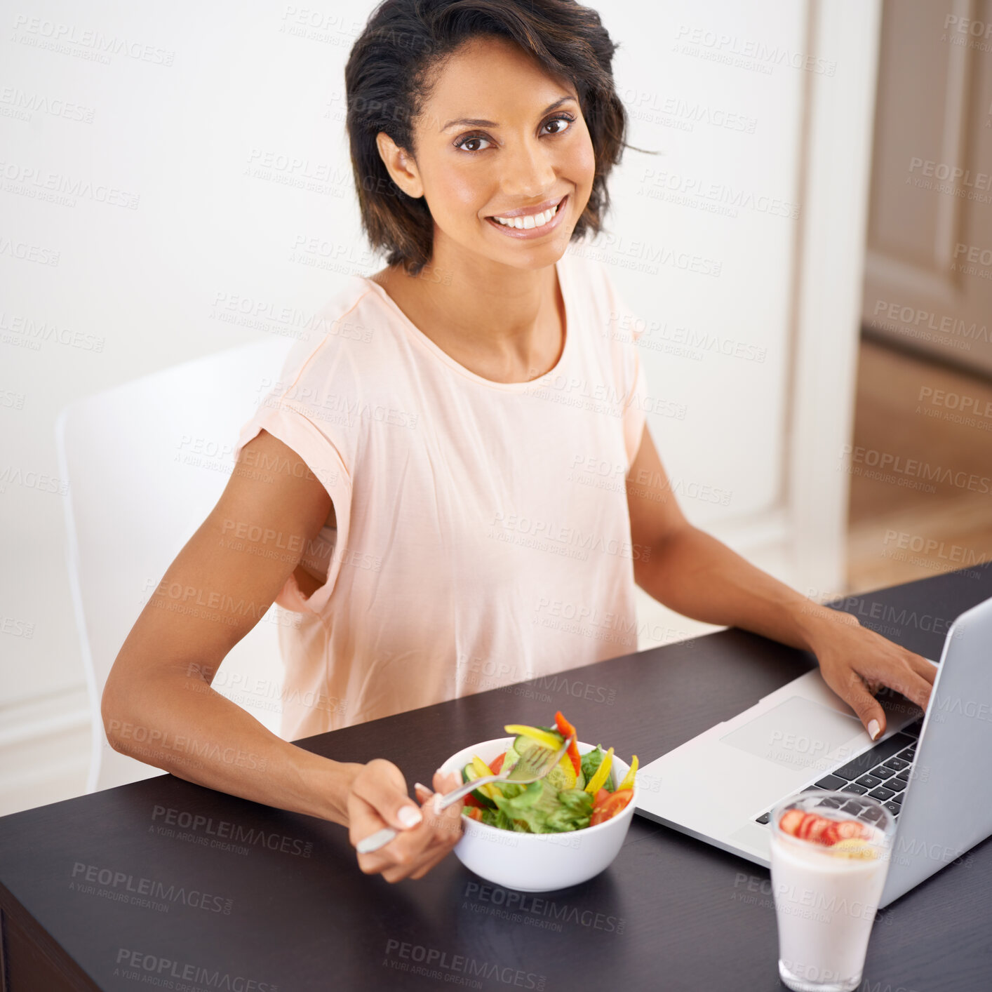 Buy stock photo Eating, salad and woman with remote work, laptop and healthy food or nutrition in home and office. Happy, portrait and working on lunch break with fruit and vegetables for energy or wellness in house