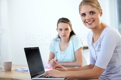 Buy stock photo Business women, teamwork and laptop for office planning, marketing research and copywriting for website. Young professional employees, creative writer or people in portrait, computer and social media