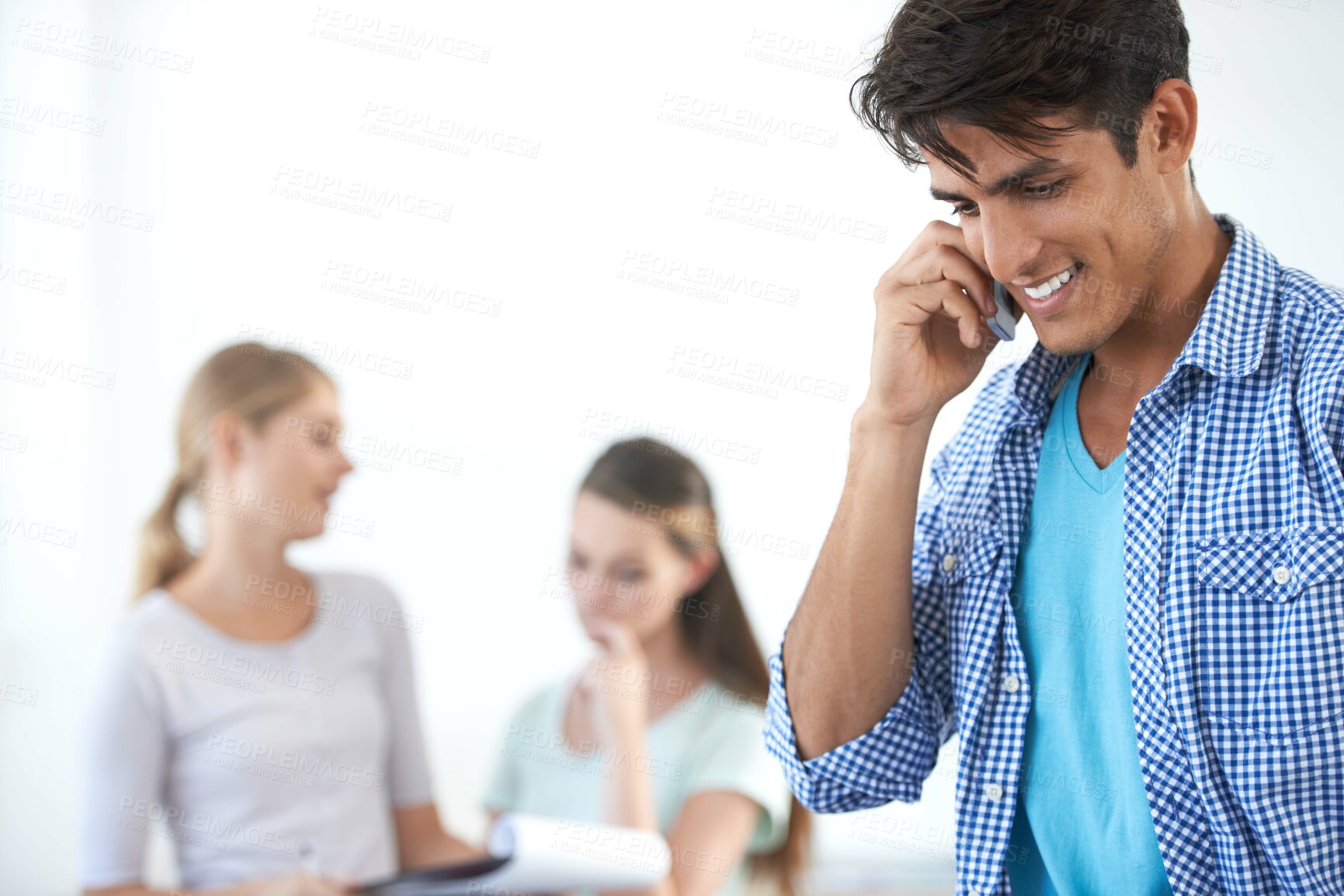 Buy stock photo Man, phone call and conversation on technology, smile and networking or connection, mobile and chat. Indian male person, smartphone and discussion for deal, communication and speak on cellphone
