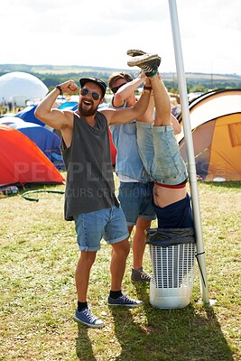 Buy stock photo Outdoor, trash or drunk people in festival together, beer beverage or social event in summer. Music concert, funny party games or crazy friends with freedom, smile or bin joke in holiday celebration