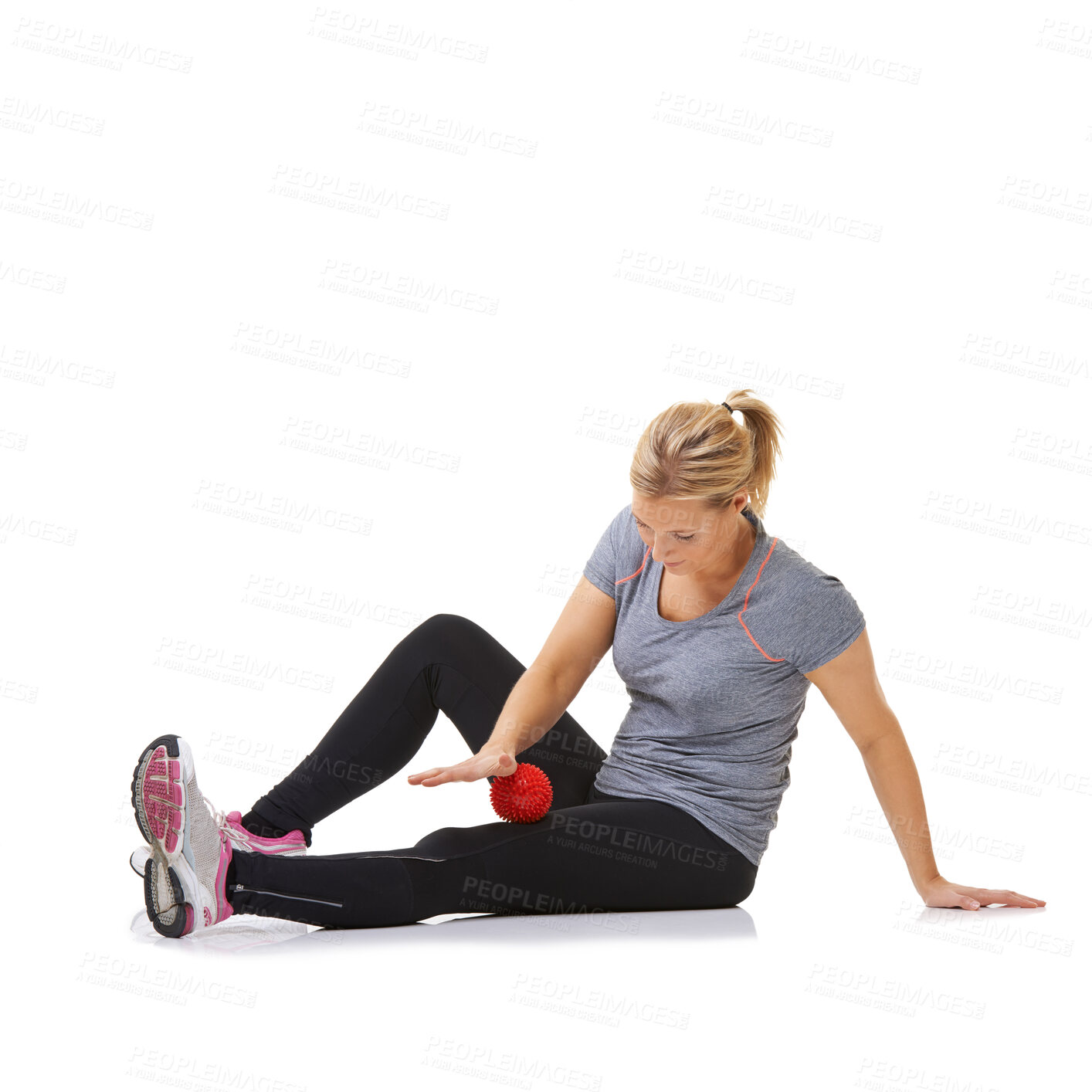 Buy stock photo Woman, massage ball and healing for health in studio, injury and wellness by white background. Female person, athlete and physical therapy or rehabilitation for muscles in legs and body in mockup