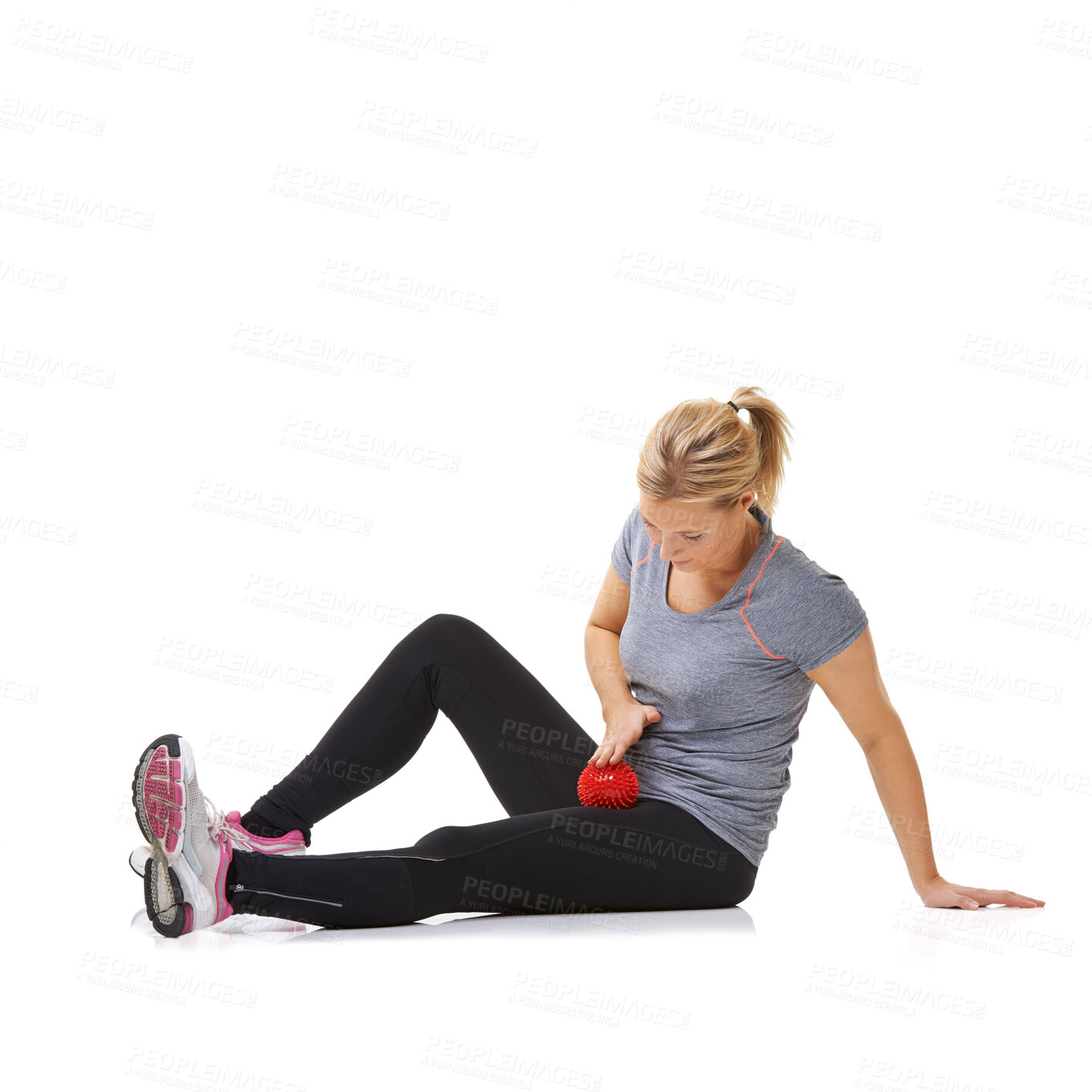 Buy stock photo Woman, massage ball and fitness in studio, healing injury and health or wellness by white background. Female person, athlete and physical therapy or rehabilitation for muscles in body and mockup