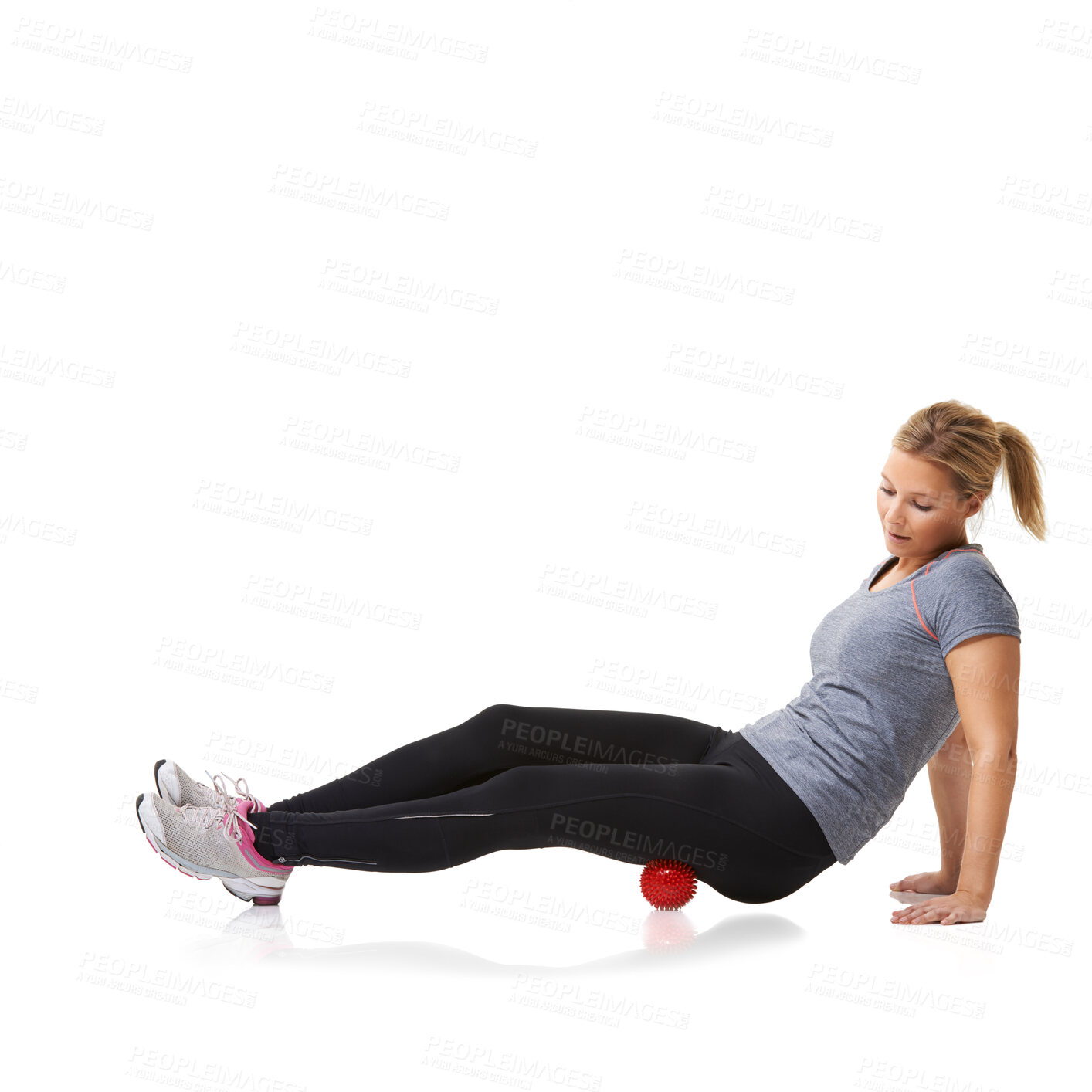 Buy stock photo Woman, massage ball and healing or yoga in studio, injury and health or wellness by white background. Female person, pilates and physical therapy or rehabilitation for muscles in body and mockup
