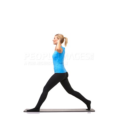 Buy stock photo Yoga, health and workout with woman in studio for stretching, exercise and wellness. Gym, fitness and self care with female person on floor of white background for pilates, body and mockup space