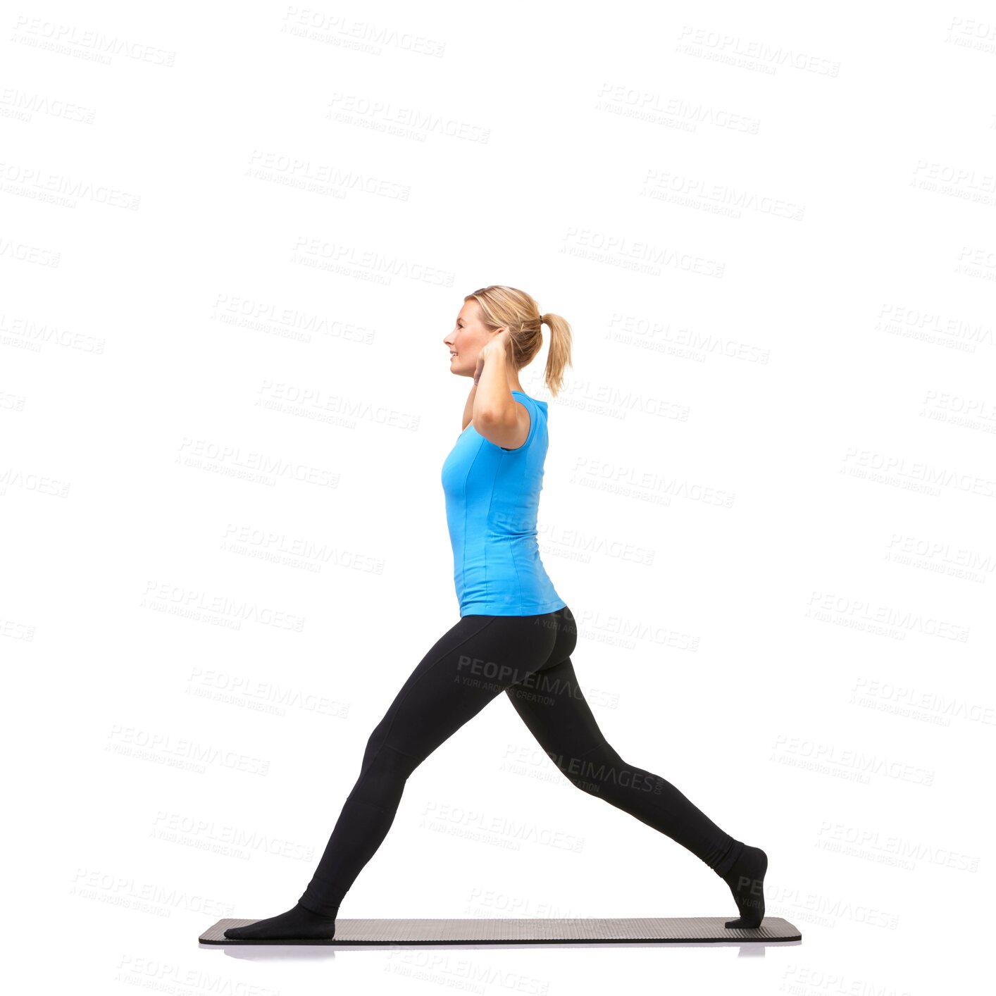 Buy stock photo Yoga, health and workout with woman in studio for stretching, exercise and wellness. Gym, fitness and self care with female person on floor of white background for pilates, body and mockup space