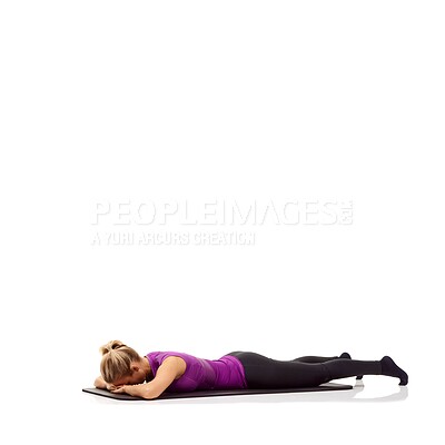 Buy stock photo Yoga mat, health and relax with woman in studio for stretching, exercise and wellness. Workout, fitness and self care with female person on floor of white background for pilates, body or mockup space