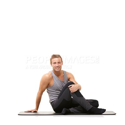 Buy stock photo Man, exercise and portrait on floor of studio for fitness, healthy training and smile isolated on white background. Wellness, workout and happy personal trainer on mat for strong body at mockup space