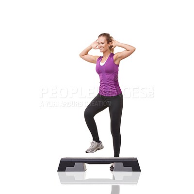 Buy stock photo Aerobics, fitness and woman with exercise, training and wellness isolated on a white studio background. Person, model and girl with workout, healthy and balance with routine, weight loss and smile