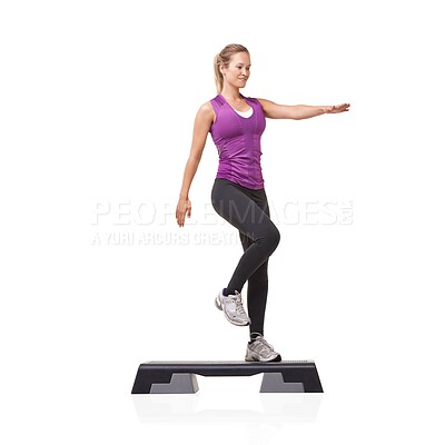 Buy stock photo Fitness, woman and aerobics with health, workout and wellness isolated on a white studio background. Person, girl and model with steps, exercise and training with cardio, healthy and mockup space