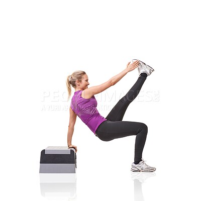 Buy stock photo Woman, aerobics step and training in studio profile with smile, exercise or health by white background. Girl, person and mockup space for workout, fitness or wellness on floor with balance for muscle