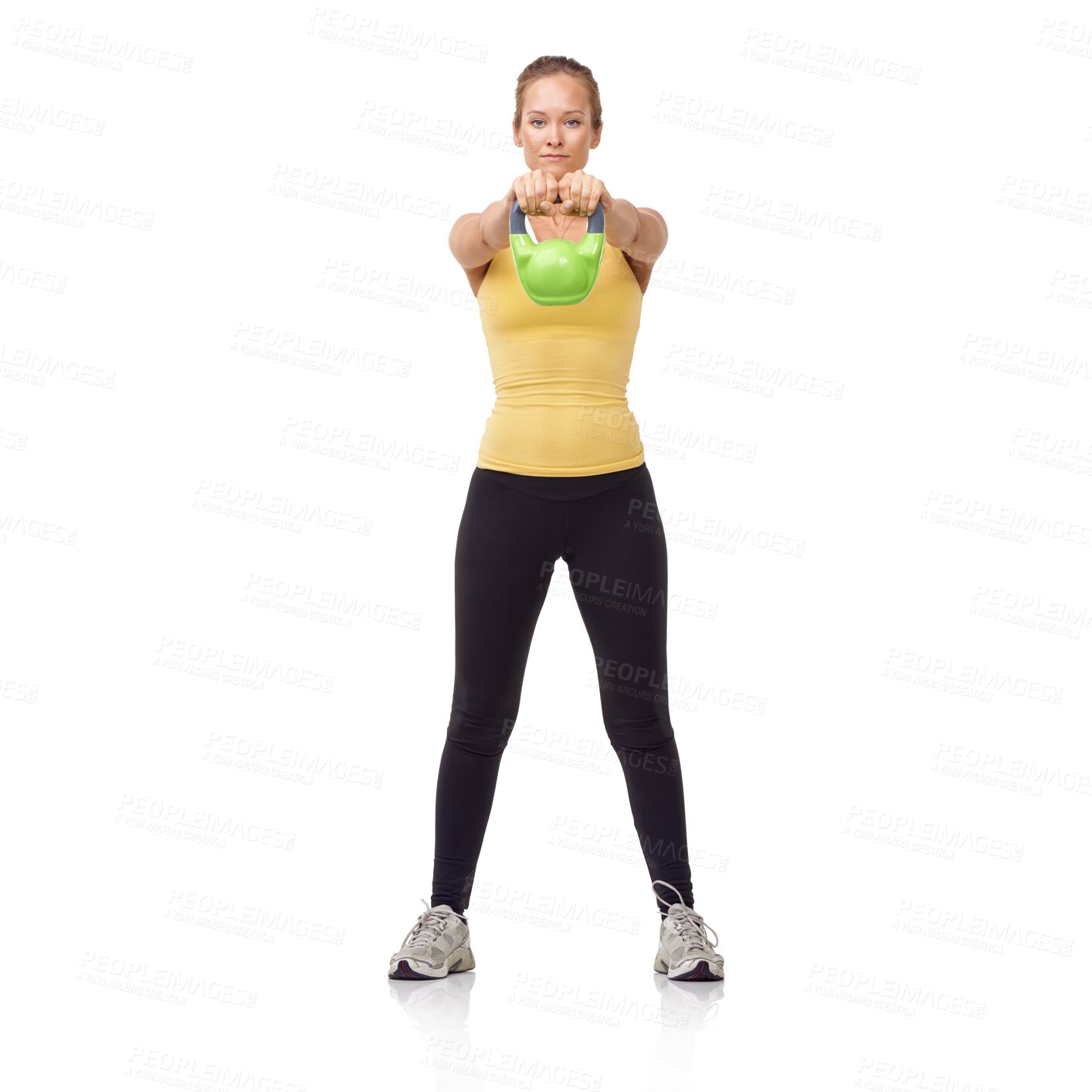 Buy stock photo Workout, portrait and woman exercise with kettlebell swing for muscle growth, arm strength or bodybuilding. Fitness studio, gym routine or athlete training for weightlifting goals on white background