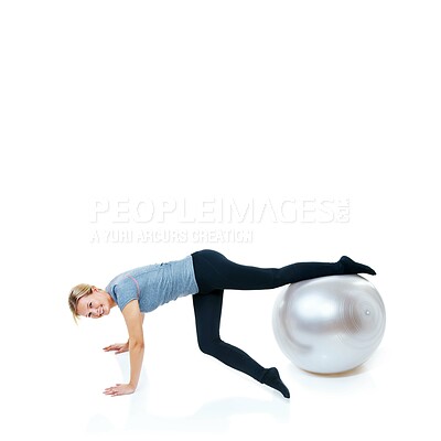 Buy stock photo Happy woman, fitness and exercise ball for balance, workout or health and wellness on a white studio background. Female person or athlete smile on round object for training or pilates on mockup space