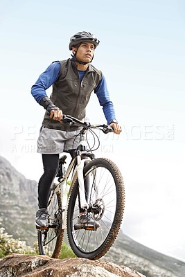 Buy stock photo Thinking, fitness and a man on a bike on the mountain for cycling, training and travel in nature. Idea, health and a male biker on a hill with a bicycle for sports, exercise and an outdoor workout