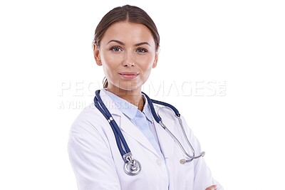 Buy stock photo Woman, portrait and doctor in studio for healthcare services, medical consulting and trust on white background. Surgeon, expert therapist and professional hospital employee working on mockup space 