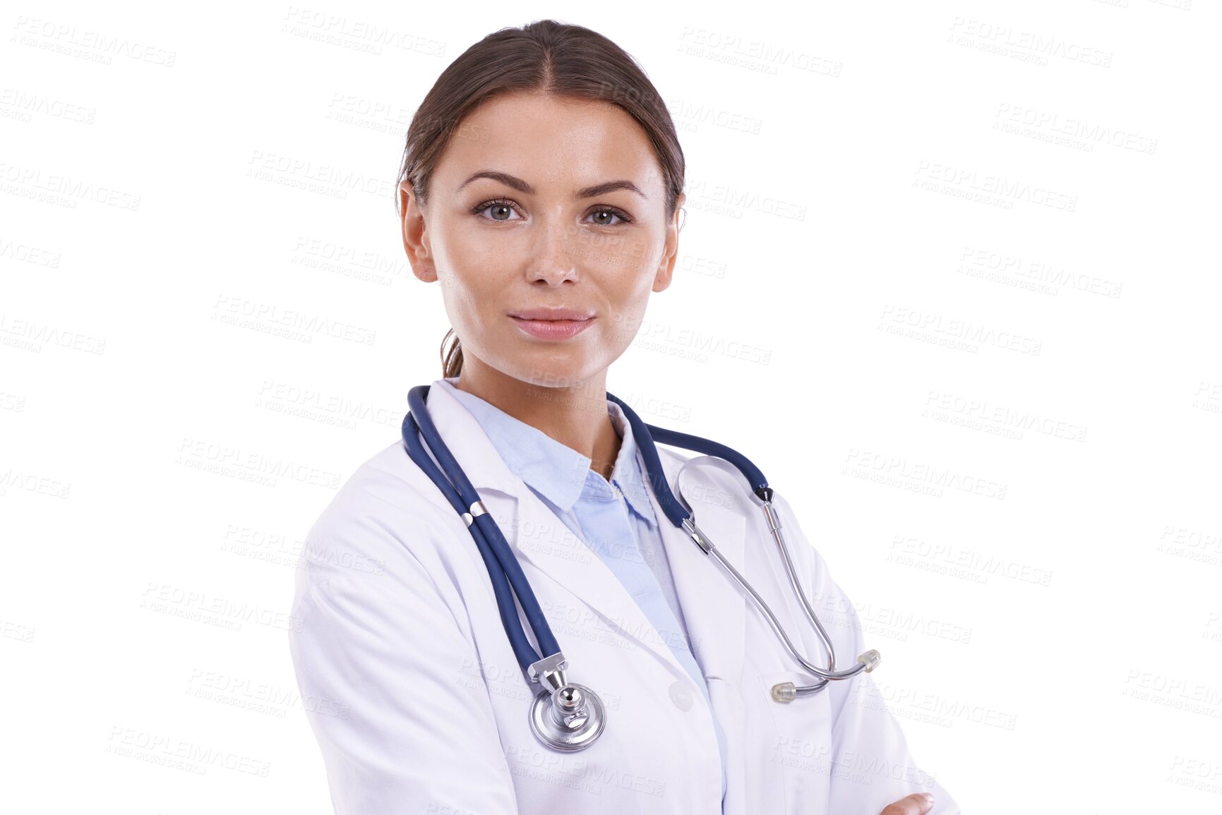 Buy stock photo Woman, portrait and doctor in studio for healthcare services, medical consulting and trust on white background. Surgeon, expert therapist and professional hospital employee working on mockup space 