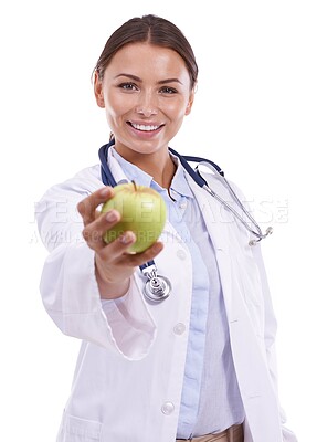 Buy stock photo Doctor, portrait or happy woman with apple offer in studio for health, diet or gut health on white background. Healthy eating, smile and face of lady nutritionist with fruit for nutrition or wellness