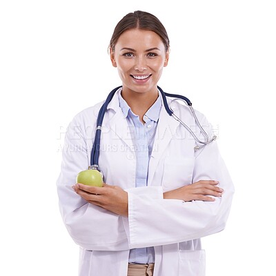 Buy stock photo Happy woman, portrait and doctor with apple for diet or natural nutrition on a white studio background. Face of female person, surgeon or medical professional smile with green organic fruit on mockup