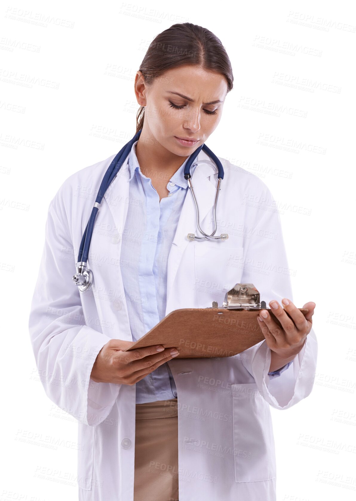 Buy stock photo Woman, doctor and reading policy on clipboard for healthcare on a white studio background. Face of female person, surgeon or medical nurse looking at results, signup or life insurance in medicare