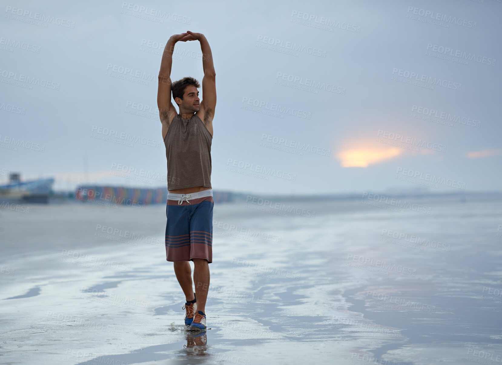Buy stock photo Health, stretching and beach with man, fitness and vacation with summer break and morning. Travel, ocean and person with holiday or seaside with with exercise, peaceful and water with wellness or sky