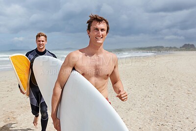 Buy stock photo Surfer men, running and friends at beach with smile, training and fitness on vacation in summer. Exercise, people and surfboard for wellness, health and happy by ocean, waves and freedom on holiday